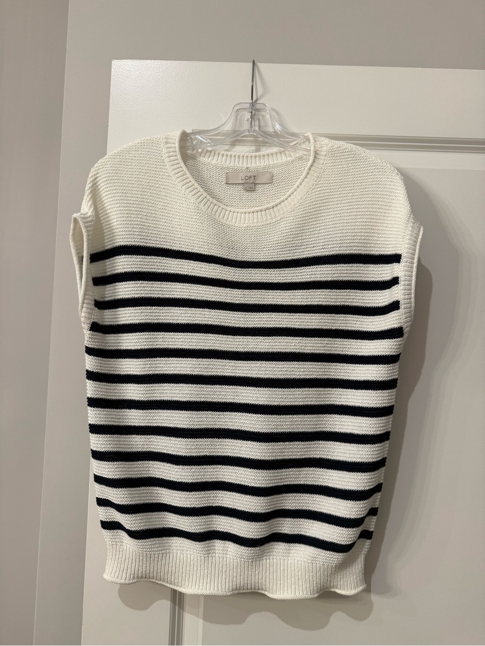 LOFT Women Ivory and Navy Striped Crewneck Sweater